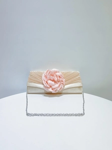 Elegant pleated evening clutch bag with pink rose flower and silver chain strap for women.