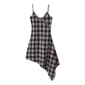Robe Maxi À Carreaux Col En V Fines Bretelles Réglables Ourlet Asymétrique Polyester Coupe Cintrée Pour Femmes
