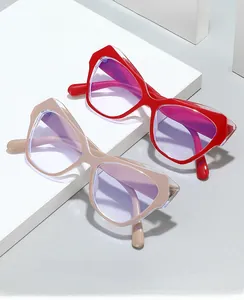 Detail of trendy cat-eye glasses with anti-blue light lenses and colorful frames