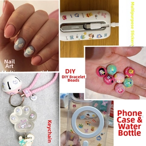 Detail showing cartoon 3D relief nail stickers and DIY accessory charms for kids