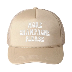 Beige trucker hat with More Champagne Please embroidery and gold rope detail