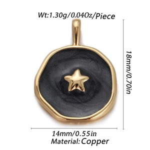 Detail of a 14mm gold copper charm with black enamel inlay and a central gold star