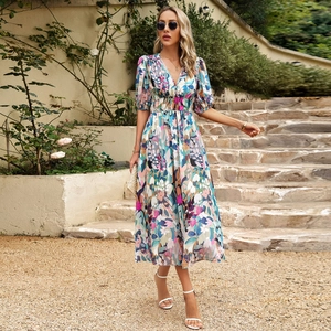 Robe Longue Femme Col En V Imprimée Manches Bouffantes Taille Haute Ligne A Été Décontractée Polyester