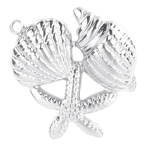 Detailed close-up of a silver stainless steel pendant with sea shell and starfish charms