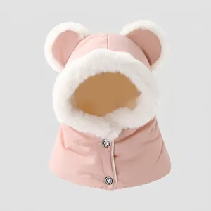 Detail of pink fleece hooded scarf for kids featuring bear ears and faux fur trim