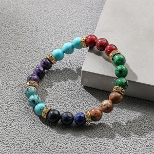 Handmade natural stone beaded bracelet with colorful jasper beads and gold rhinestone spacers