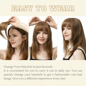 Three-step guide showing how to easily wear the light brown air bangs hair extension
