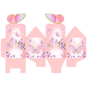 Flat layout of pink paper gift box featuring 3D butterfly decor and floral patterns