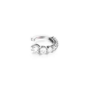 Macro shot of silver ear cuff with multi-layer C-shape and pavé set white zircons