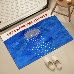 Absorbent diatomite bath mat with GET UNDER THE SHOWER print and blue texture