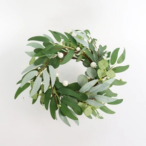 Detail of 30cm faux eucalyptus wreath with green willow leaves and white decorative pearls