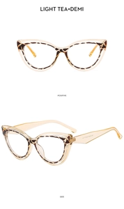 Detail of stylish cat-eye TR90 frames in light tea and demi leopard pattern finish