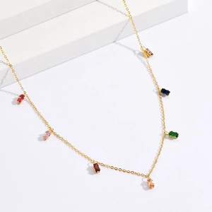 Gold titanium steel necklace featuring multiple colorful rectangular zircon pendants