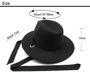 Size guide for black wool fedora hat showing 57-58cm circumference and 7cm brim width