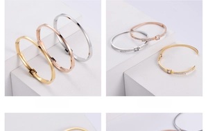Detail of three-color titanium steel bracelets with buckle clasp and square zircon inlay