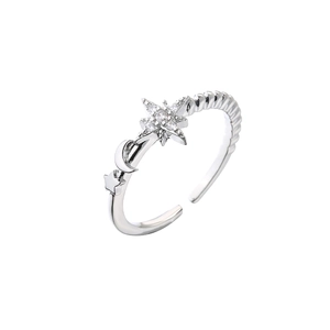 Adjustable silver star and moon ring with pavé zircons and twisted rope band texture