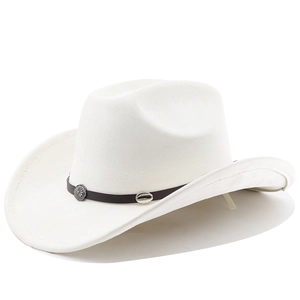 Close-up of ivory felt cowboy hat with leather band and ornate metal buckle details