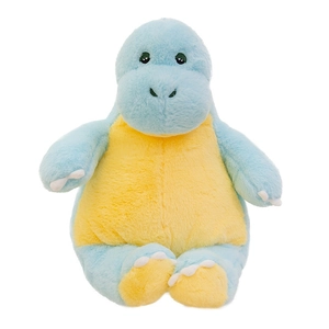 Soft blue and yellow plush dinosaur pillow toy with cute embroidered details on white background