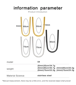 Size chart for stainless steel flat curb chain necklaces in gold silver and black colors