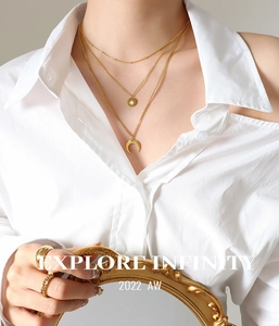 Close-up of triple-layered gold necklaces with star and moon charms on a model