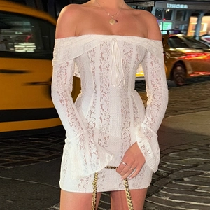 White lace off-shoulder mini dress with bell sleeves and drawstring detail for women