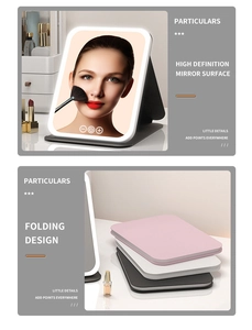 Close-up of portable LED makeup mirror with folding design and leather texture shell