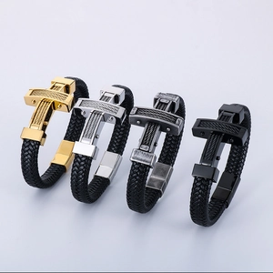 Men Braided Leather Bracelet With Stainless Steel Cross Charm And Steel Wire Inlay Magnetic Buckle Punk Vintage Wristband