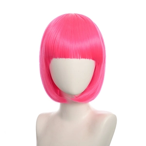 Detailed view of pink short bob wig with straight bangs on a white model head
