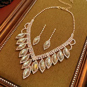 Elegant Rhinestone Necklace And Earrings Iron Marquise Cut Water Drop Vintage Wedding Banquet Jewelry For Women