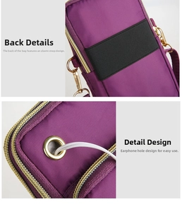 Detail of purple waterproof nylon phone bag with elastic armband and golden headphone port