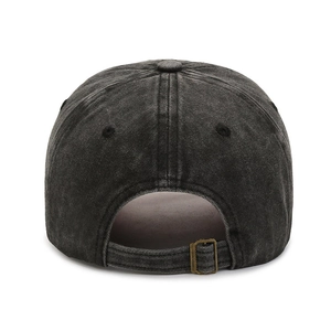 Vintage washed dark grey cotton baseball cap featuring adjustable metal strap back buckle