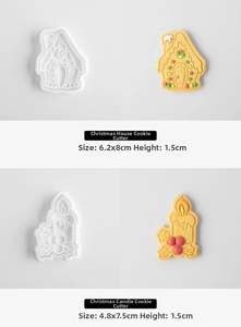 Detail view of 3D Christmas cookie cutters showing house and candle shapes with dimensions