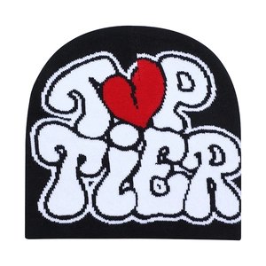 Black knit beanie with Top Tier jacquard lettering and red broken heart pattern