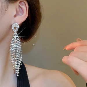 Silver fringe earrings with rhinestones shown on a model for a sparkling look