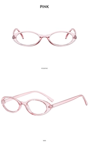 Detailed views of pink oval eyeglass frames showing front and side profile design
