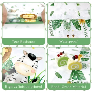 Jungle safari animal party tablecloth showing waterproof and tear resistant features