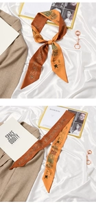 Macro detail of French retro twilly scarf with European architecture print on satin fabric