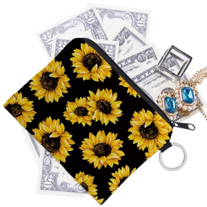 Classic sunflower print coin purse with zipper closure and black canvas background
