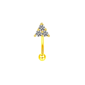Elegant gold curved eyebrow piercing with a triple clear zircon cluster and ball end