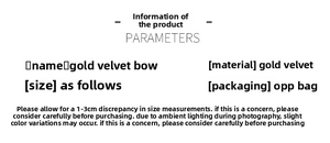 Detailed product information card for velvet bows including material and packaging specs