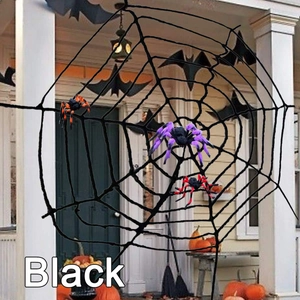 Large black cobweb decoration with colorful spiders for Halloween porch scene setup