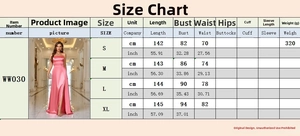 Size chart detail for off-shoulder asymmetric dress including length, bust, and waist measurements