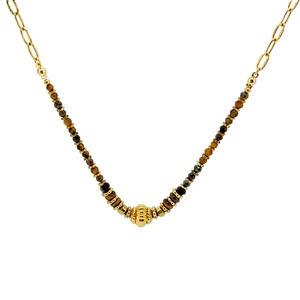 Faceted tiger eye stone beaded necklace with golden metal accents on white background