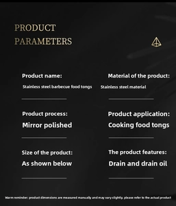 Specifications for stainless steel BBQ food tongs with mirror finish and oil draining feature