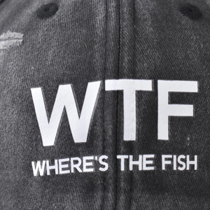 Grey washed cotton baseball cap with white WTF letters and Where's The Fish print