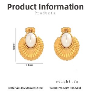 Detail view of 18K gold plated stainless steel oval pearl earrings with size dimensions