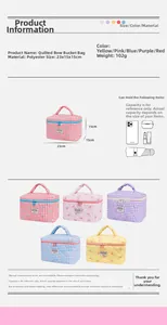 Detailed dimensions and capacity chart for quilted bow polyester makeup bucket bag