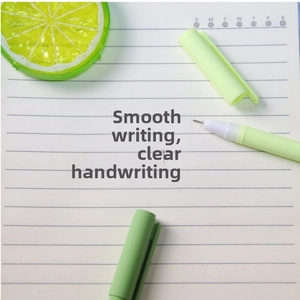 Detailed close-up of Morandi green gel pens writing smoothly on a striped notebook