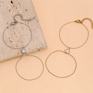 18K gold plated stainless steel double layer hand chain with white pear-cut zircon