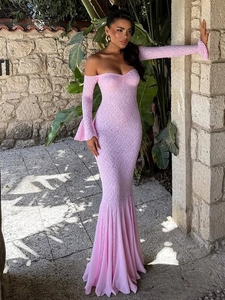 Pink off-shoulder lace mermaid evening dress with long flare sleeves and slim fit design
